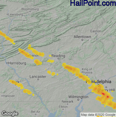 Hail Map for Reading, PA Region on June 3, 2020