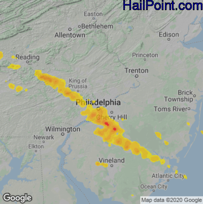 Hail Map for Philadelphia, PA Region on June 3, 2020