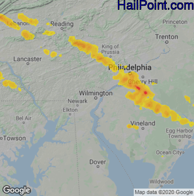 Hail Map for Wilmington, DE Region on June 3, 2020