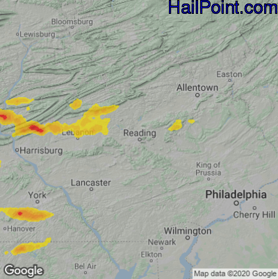 Hail Map for Reading, PA Region on June 4, 2020