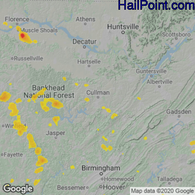 Hail Map for Cullman, AL Region on June 5, 2020 