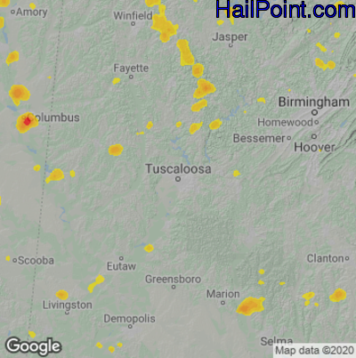 Hail Map for Tuscaloosa, AL Region on June 5, 2020