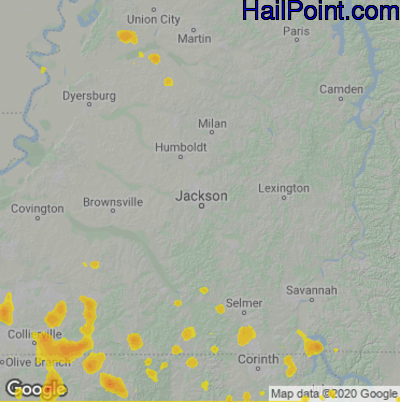 Hail Map for Jackson, TN Region on June 5, 2020