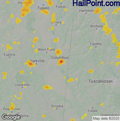 Hail Map for Columbus, MS Region on June 5, 2020