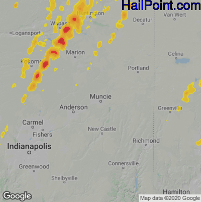 Hail Map for Muncie, IN Region on June 10, 2020