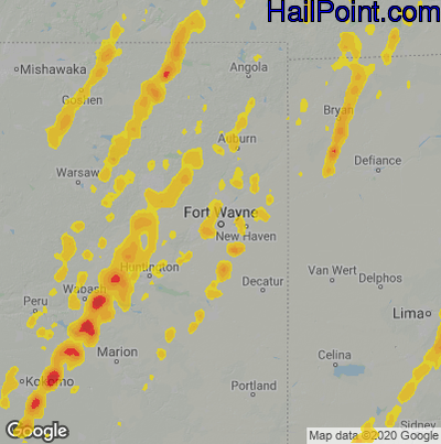 Hail Map for Fort Wayne, IN Region on June 10, 2020