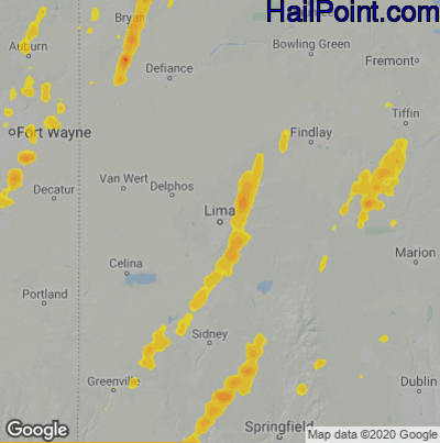 Hail Map for Lima, OH Region on June 10, 2020