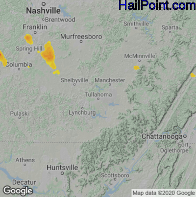 Hail Map for Tullahoma, TN Region on June 14, 2020