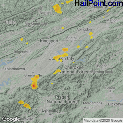 Hail Map for Johnson City, TN Region on June 14, 2020 