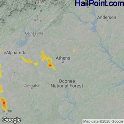 Hail Map for Athens, GA Region on June 14, 2020