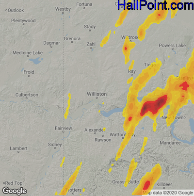 Hail Map for Williston, ND Region on June 14, 2020