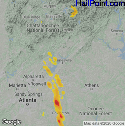 Hail Map for Gainsville, GA Region on June 15, 2020