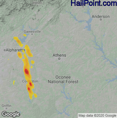 Hail Map for Athens, GA Region on June 15, 2020