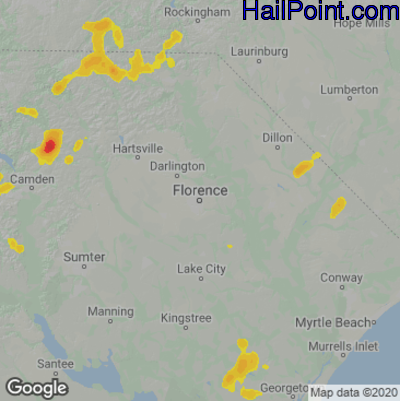 Hail Map for Florence, SC Region on June 19, 2020 