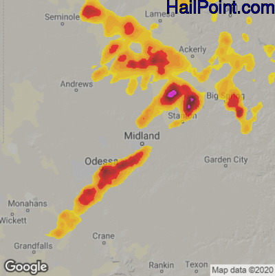 Hail Map for Midland, TX Region on June 19, 2020