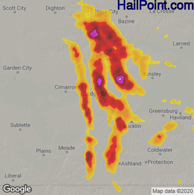 Hail Map for Dodge City, KS Region on June 20, 2020 