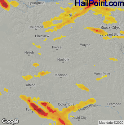 Hail Map for Norfolk, NE Region on June 21, 2020