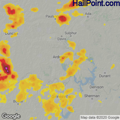 Hail Map for Ardmore, OK Region on June 21, 2020