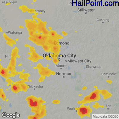Hail Map for Oklahoma City, OK Region on June 21, 2020 
