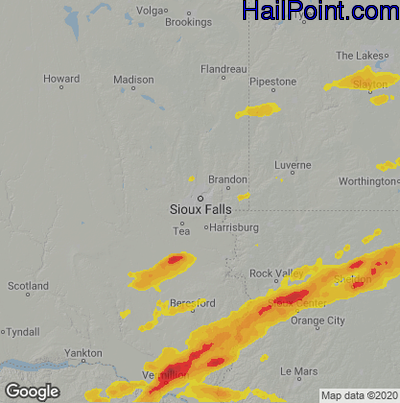 Hail Map for Sioux Falls, SD Region on June 21, 2020