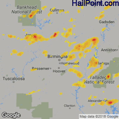 Hail Map for Birmingham, AL Region on June 21, 2020