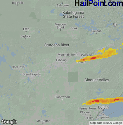Hail Map for Hibbing, MN Region on June 21, 2020