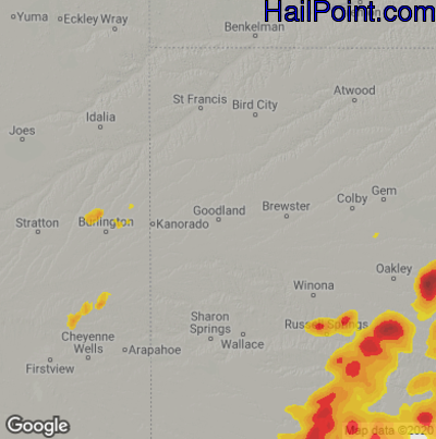 Hail Map for Goodland, KS Region on June 21, 2020