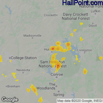 Hail Map for Huntsville, TX Region on June 21, 2020