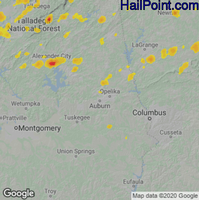 Hail Map for Auburn, AL Region on June 21, 2020