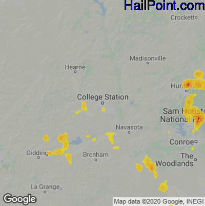 Hail Map for College Station, TX Region on June 21, 2020