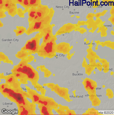 Hail Map for Dodge City, KS Region on June 21, 2020 
