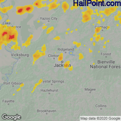 Hail Map for Jackson, MS Region on June 21, 2020