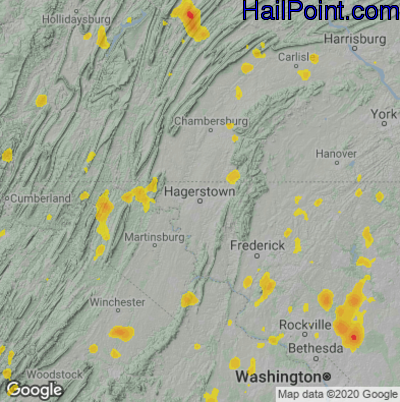 Hail Map for Hagerstown, MD Region on June 22, 2020