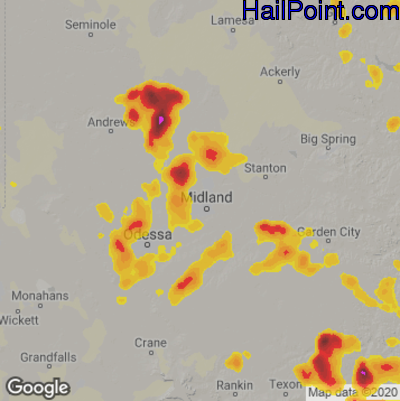 Hail Map for Midland, TX Region on June 22, 2020