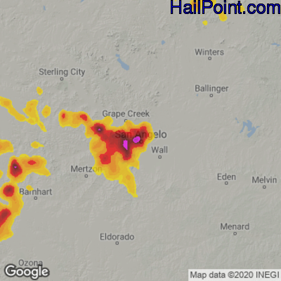 Hail Map for San Angelo, TX Region on June 22, 2020