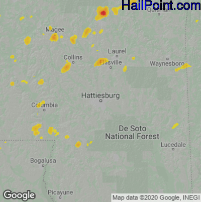 Hail Map for Hattiesburg, MS Region on June 23, 2020