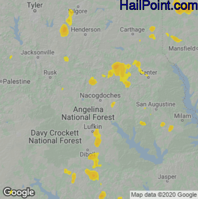 Hail Map for Nacogdoches, TX Region on June 23, 2020