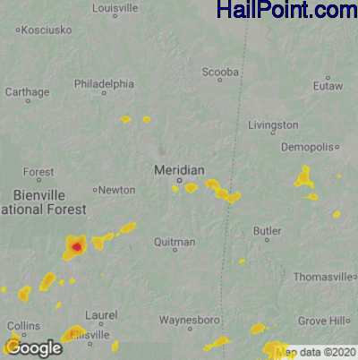 Hail Map for Meridan, MS Region on June 23, 2020 