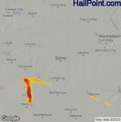 Hail Map for Salina, KS Region on June 24, 2020