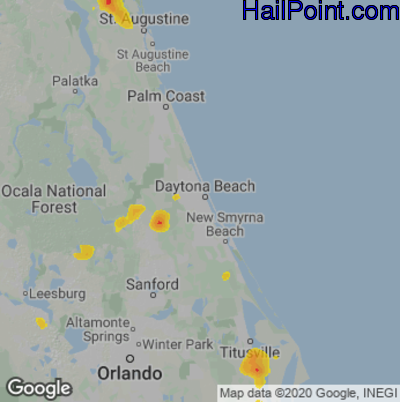Hail Map for Daytona Beach, FL Region on June 25, 2020