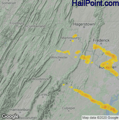 Hail Map for Winchester, VA Region on June 25, 2020