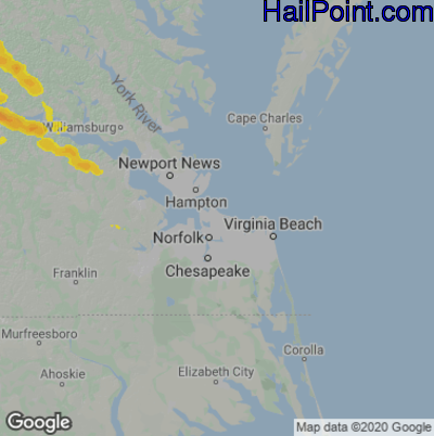 Hail Map for Norfolk, VA Region on June 25, 2020