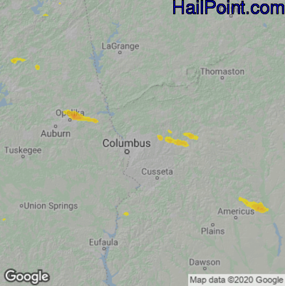 Hail Map for Columbus, GA Region on June 25, 2020