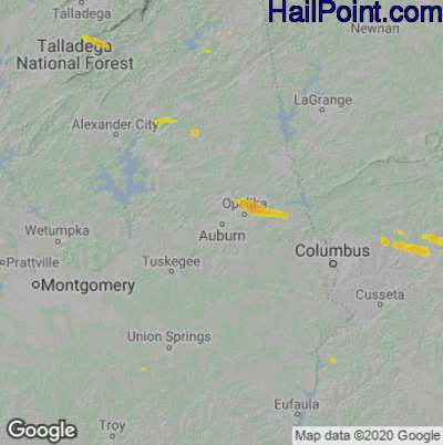 Hail Map for Auburn, AL Region on June 25, 2020