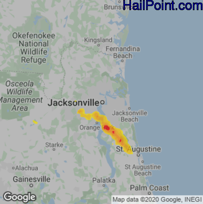Hail Map for Jacksonville, FL Region on June 25, 2020 