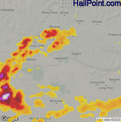 Hail Map for Valentine, NE Region on June 25, 2020
