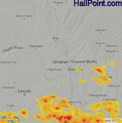Hail Map for Omaha, NE Region on June 26, 2020