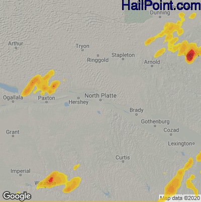 Hail Map for North Platte, NE Region on June 27, 2020