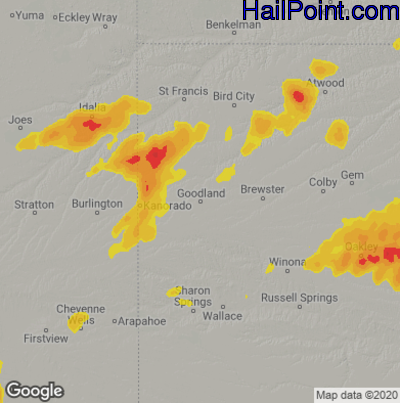 Hail Map for Goodland, KS Region on June 28, 2020