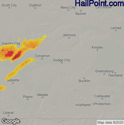 Hail Map for Dodge City, KS Region on June 28, 2020 